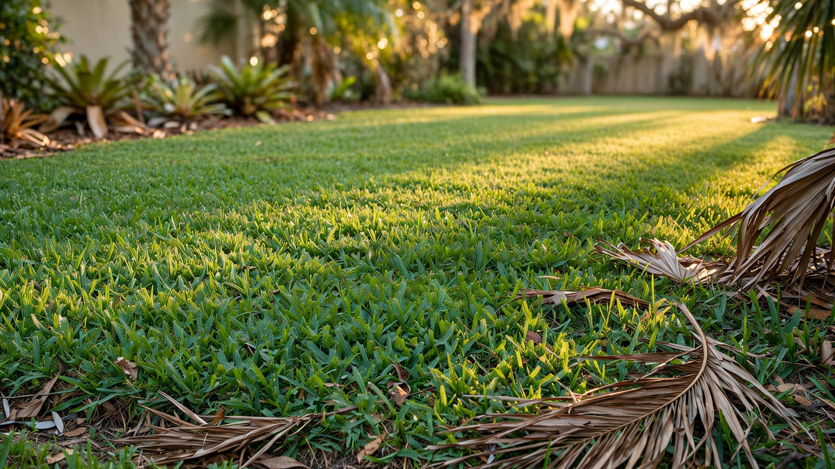 Healthy St. Augustine lawn in a Florida yard in fall, blue-green blades in low sun with palm fronds at the edge