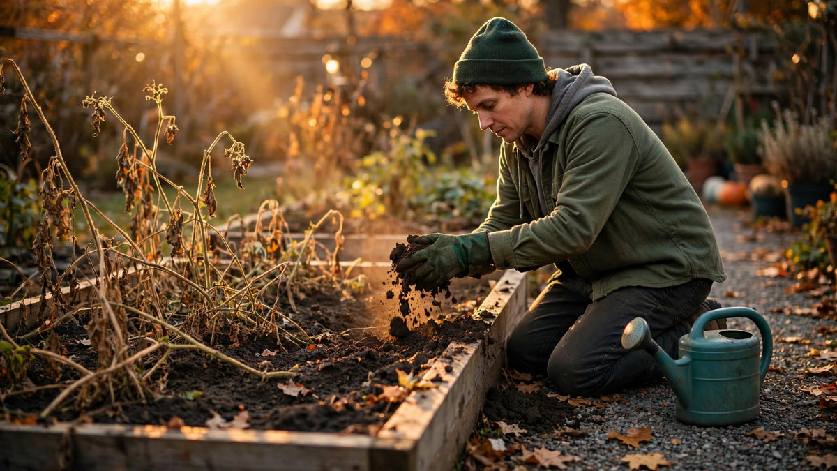 Gardener kneeling by an empty raised bed in late October, holding damp dark soil before applying liquid compost