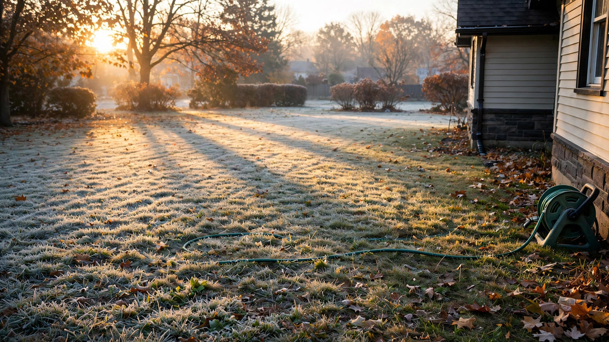 Frosted suburban front lawn at sunrise in late October, a hose on the grass, fall timing for granular lawn fertilizer
