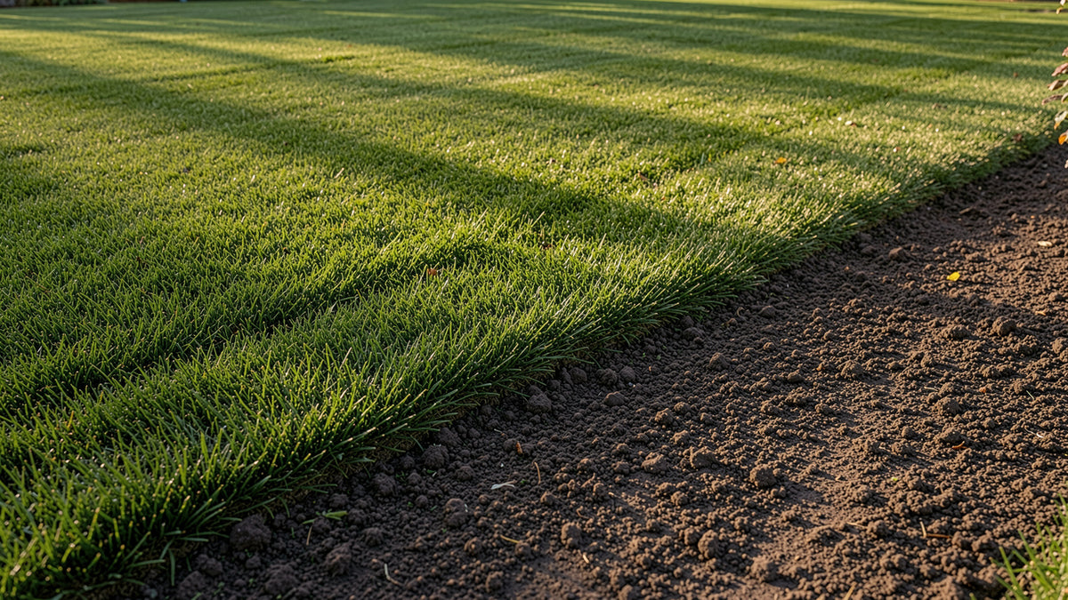 Lawn turf meeting dark garden soil, illustrating liquid soil aeration results in early autumn sunlight.