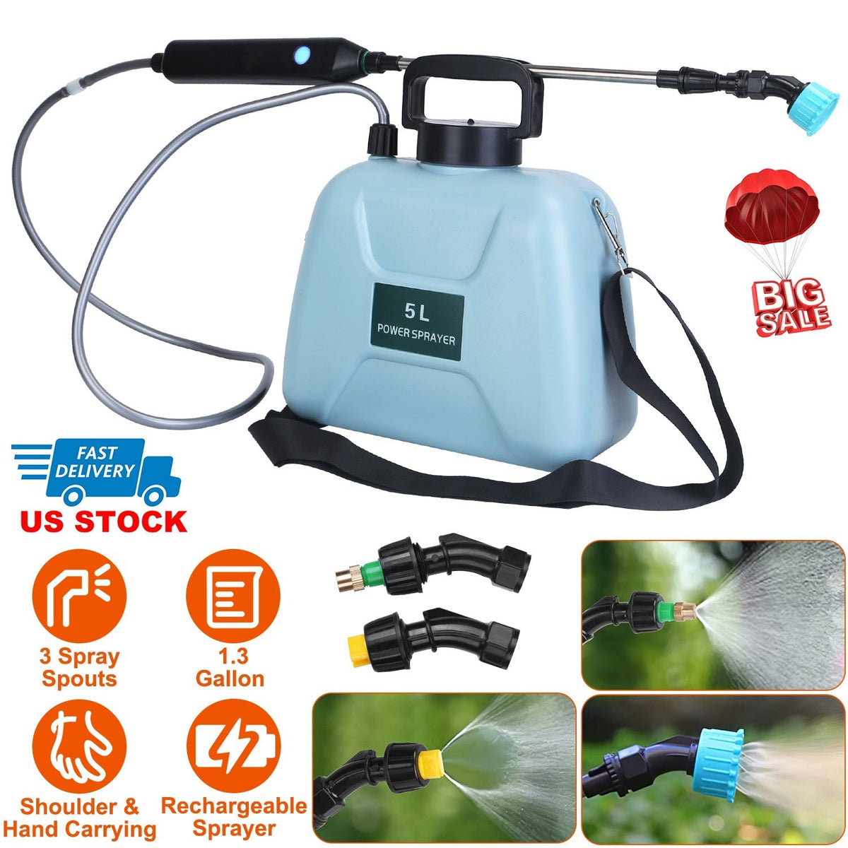 5L/1.3Gallon Electric Plant Sprayer Telescopic Rechargeable Garden Sprayer Automatic Handheld Sprayer with 3 Spray Spouts Shoulder Strap for Cleaning
