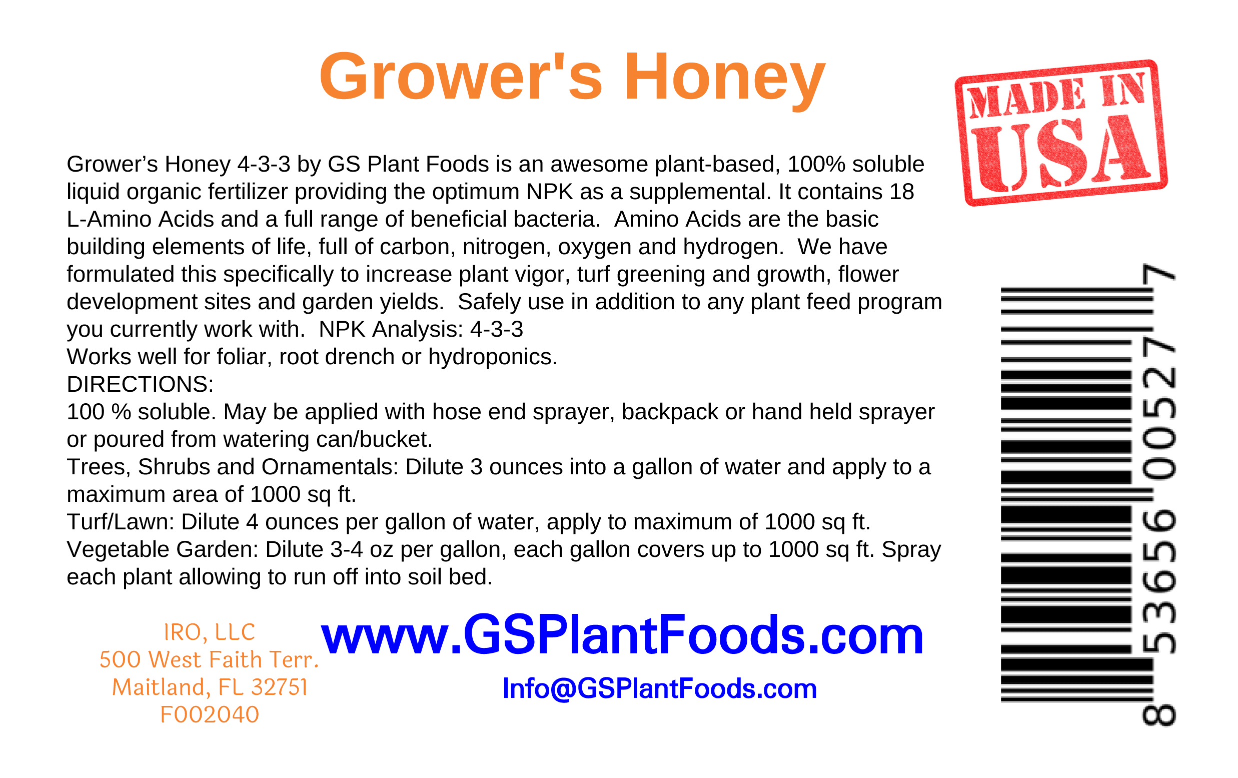 Grower's Honey Plant Based Amino Acid