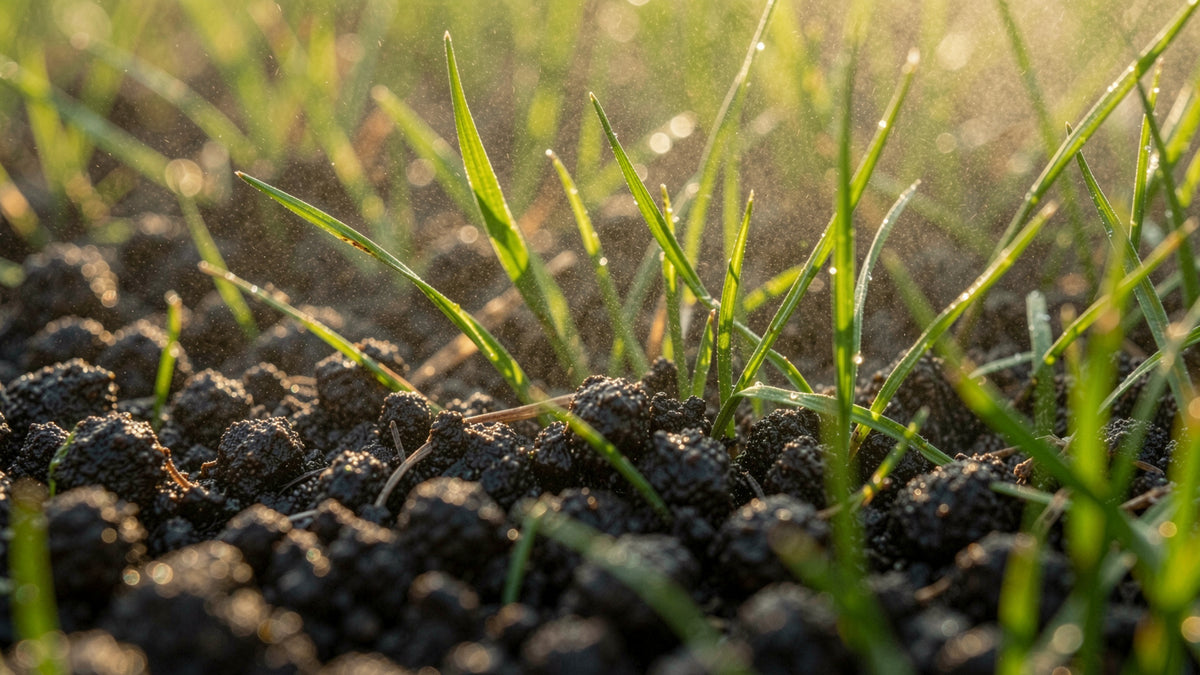 Macro view of soil and grass blades receiving moisture when applying humic acid before or after fertilizer.