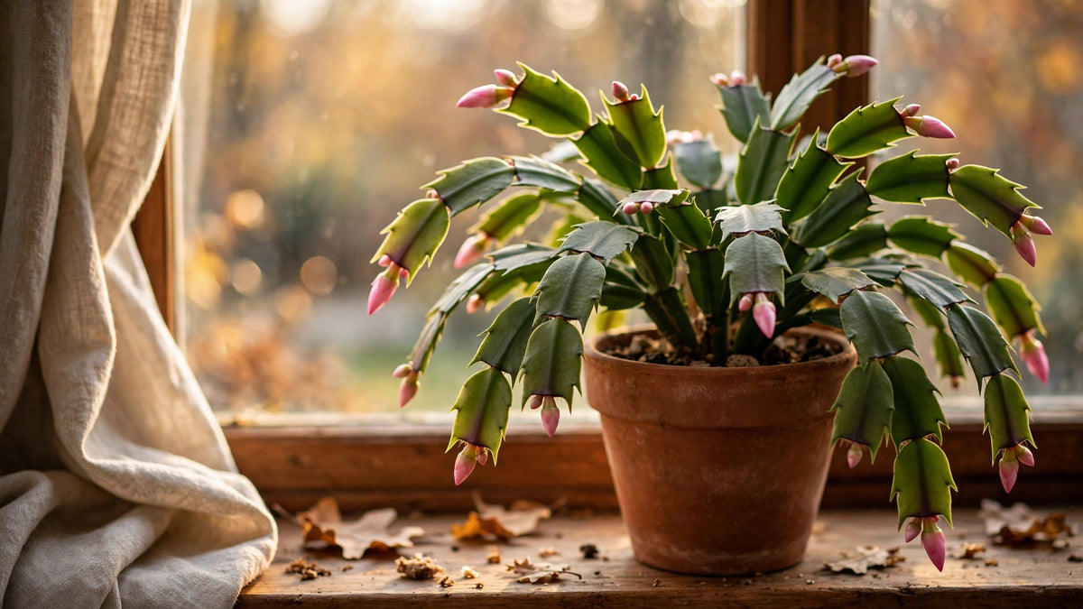 Christmas cactus in a terracotta pot on a bright windowsill, with small pink buds at the tips of its flat green segments