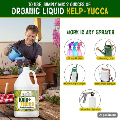 How to use Kelp + Yucca: mix 2 ounces per gallon of water, works in any sprayer, watering can or hose-end sprayer