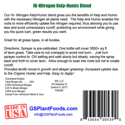 Hi-Nitrogen Kelp-Humic Blend 32-0-0 by GS Plant Foods, A Quick Greening Lawn Food
